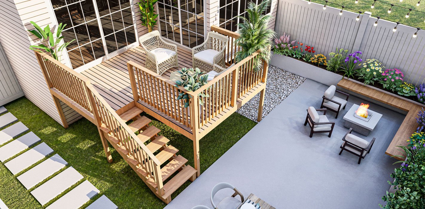 Create Your Miami Backyard Oasis | Cozy Deck Designs by Runika.pro A cozy and inviting Miami backyard oasis featuring a beautiful new deck built by Runika.pro, with comfortable seating and ambient lighting.