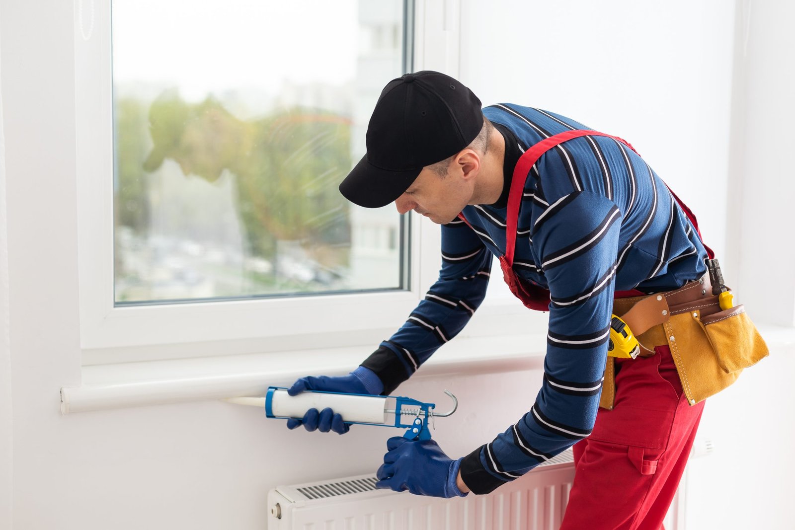 A Runika.pro technician in Miami applying a precise, smooth bead of waterproof sealant around a bathtub, shower, or sink to prevent water damage