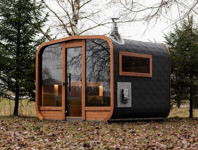 A luxurious, ready-to-use mobile sauna unit professionally installed and prepped in a Miami backyard by Runika.pro specialists