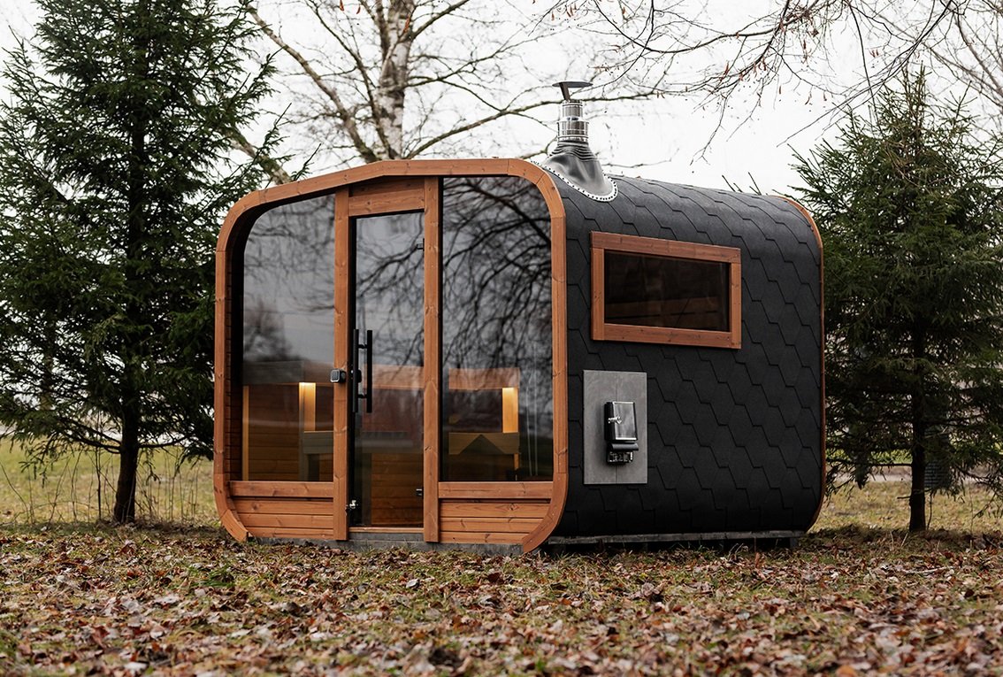 A luxurious, ready-to-use mobile sauna unit professionally installed and prepped in a Miami backyard by Runika.pro specialists