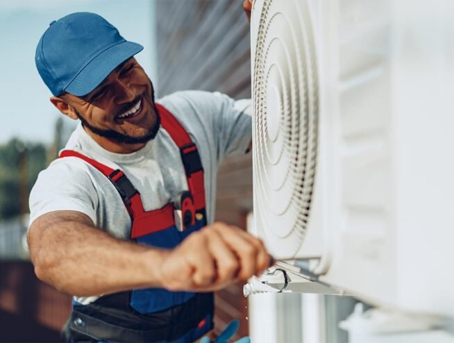 A Runika.pro HVAC technician in Miami performing an urgent repair on a broken air conditioner unit during a hot day