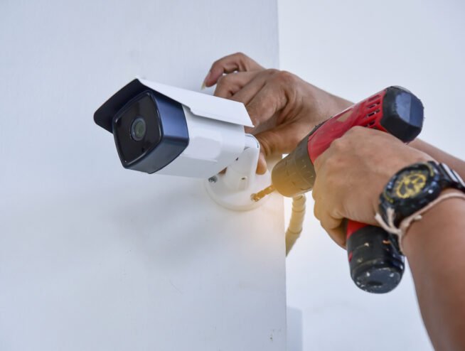 A Runika.pro security expert in Miami professionally mounting a high-definition security camera on the exterior of a house for optimal coverage